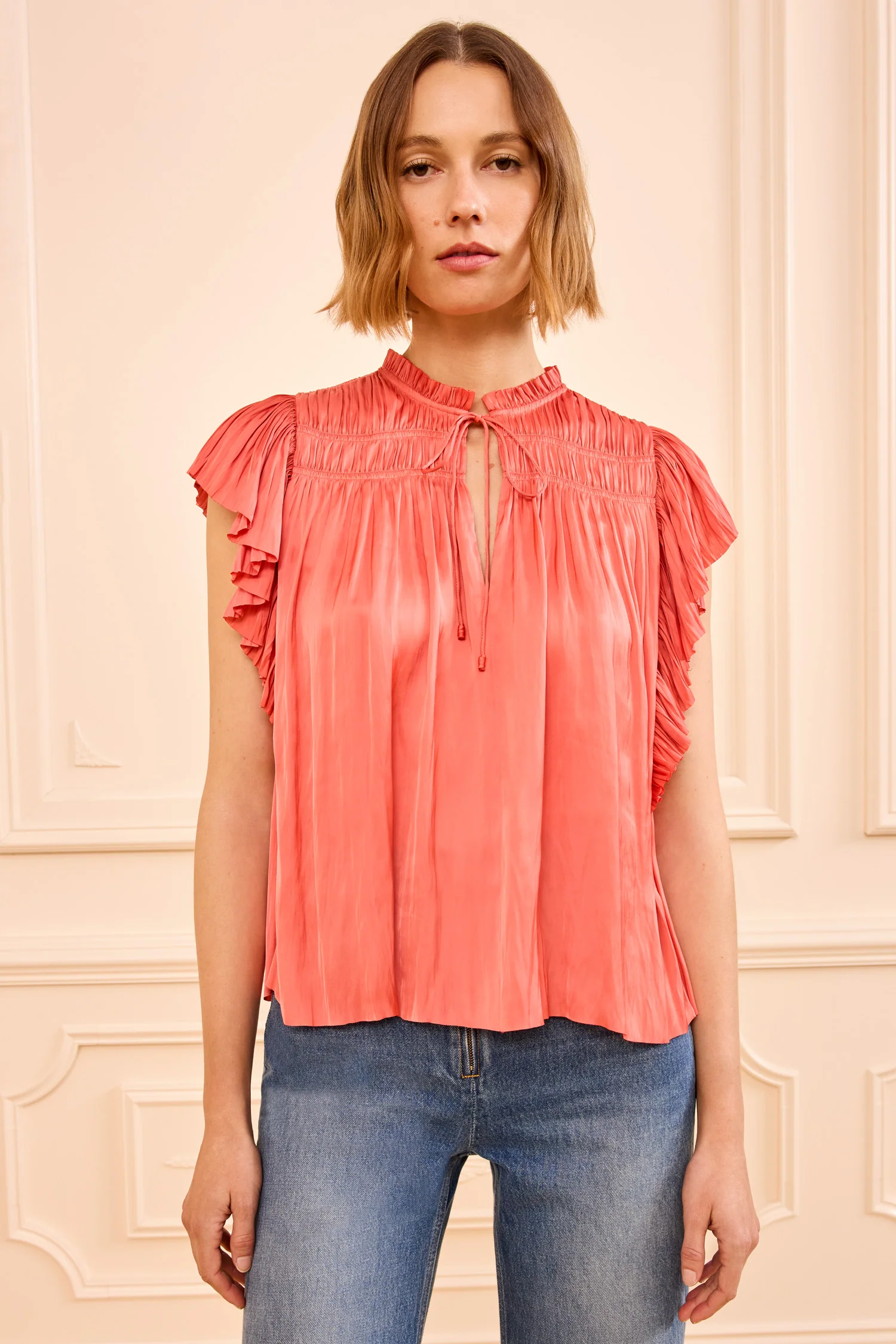 Agosta Flutter Sleeve Top - Coral - Image 3