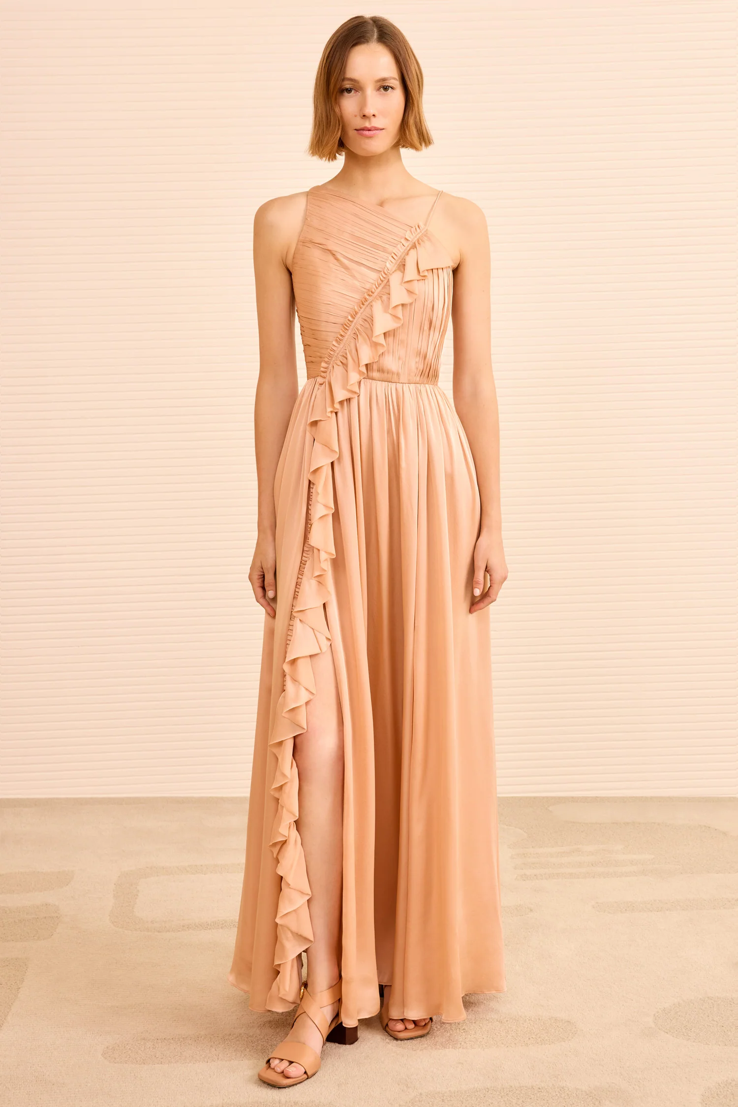 Aisha Pleated Asymmetrical Gown - Sand - Image 3