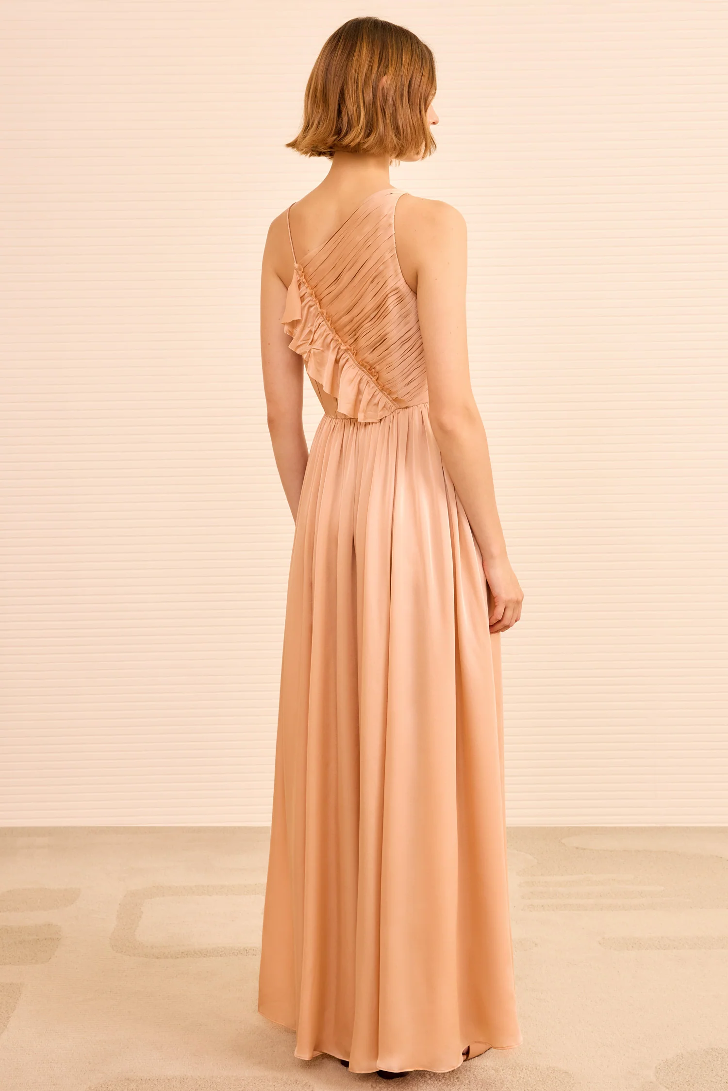 Aisha Pleated Asymmetrical Gown - Sand - Image 4