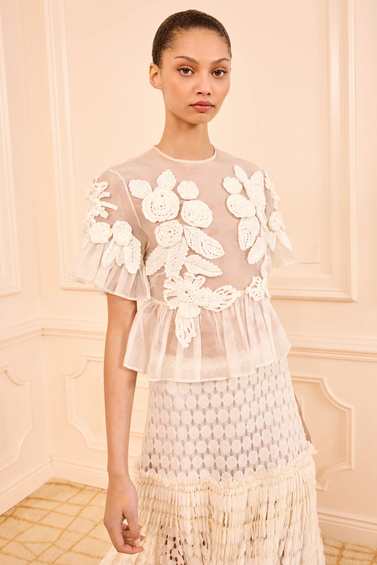 Aliya Organza Blouse with Hand Crochet - Pearled Ivory