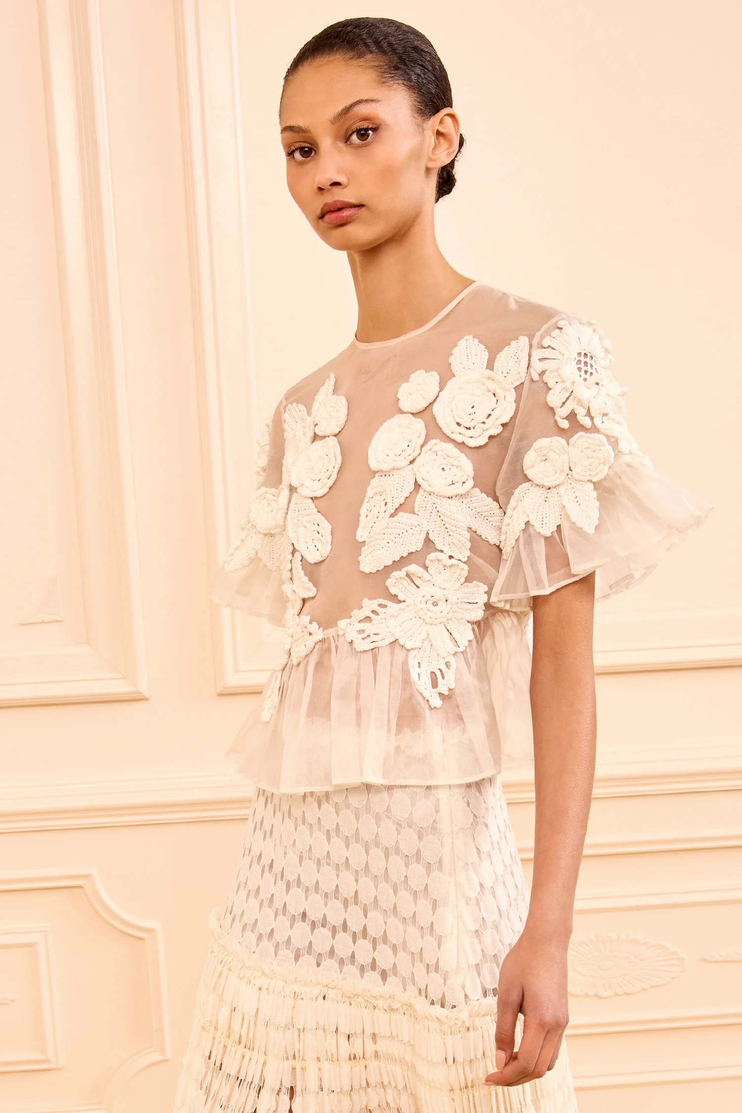 Aliya Organza Blouse with Hand Crochet - Pearled Ivory - Image 2