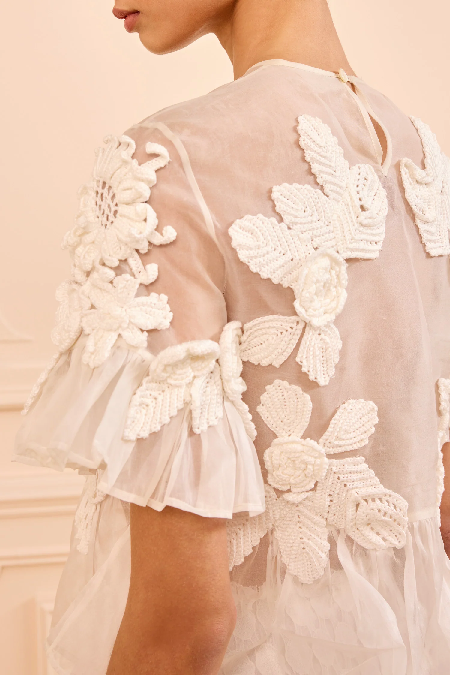 Aliya Organza Blouse with Hand Crochet - Pearled Ivory - Image 3
