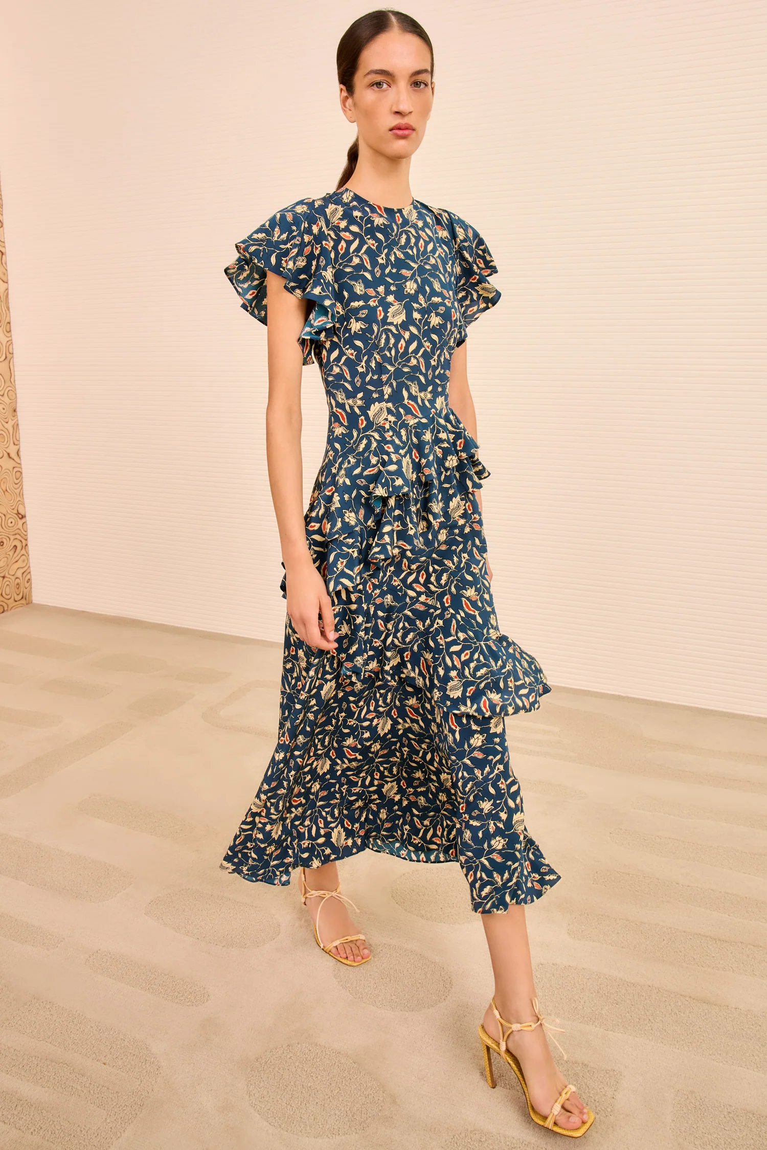 Amaia Cascading Ruffle Midi Dress - Midnight Garden - Image 3