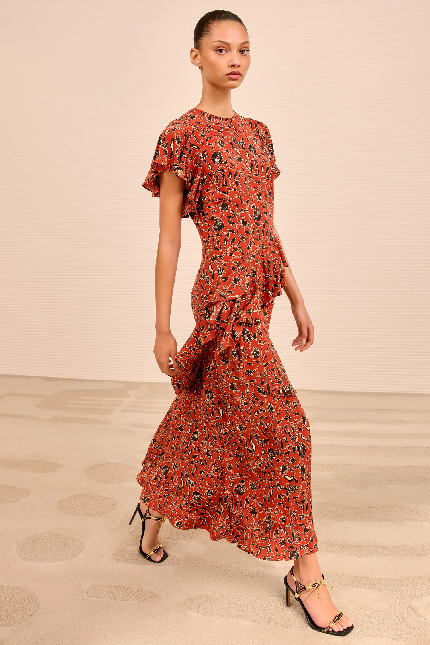 Amaia Cascading Ruffle Midi Dress - Terracotta - Image 3