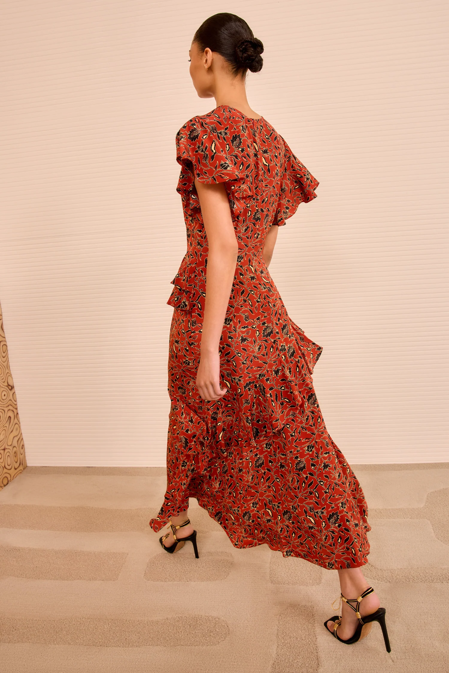 Amaia Cascading Ruffle Midi Dress - Terracotta - Image 4