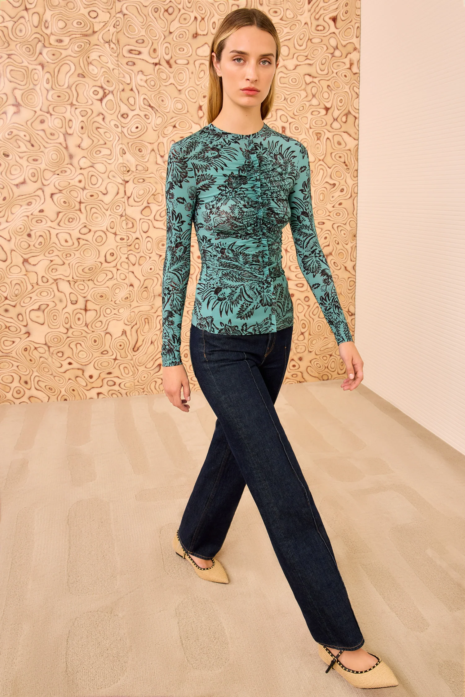 Asha Ruched Long Sleeve Top - Ocean Flora