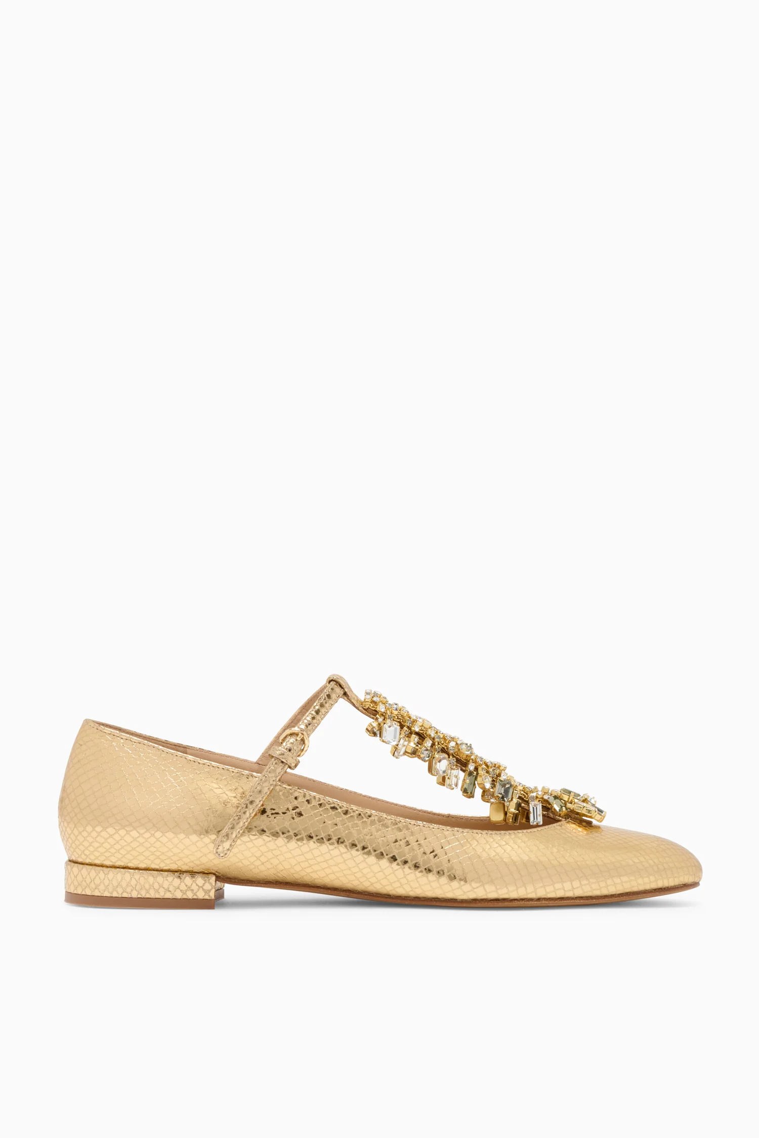 Bianca Crystal T–Strap Ballerina - Gold Python