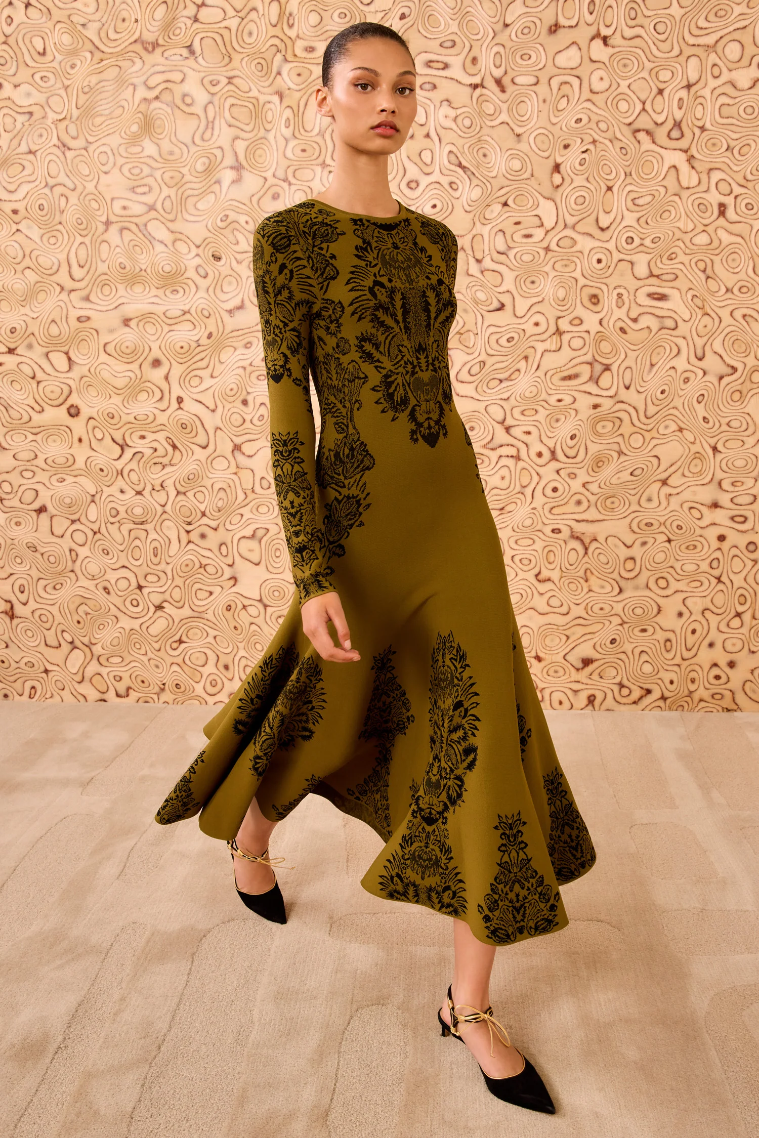 Callista Long Sleeve Jacquard Dress - Olive