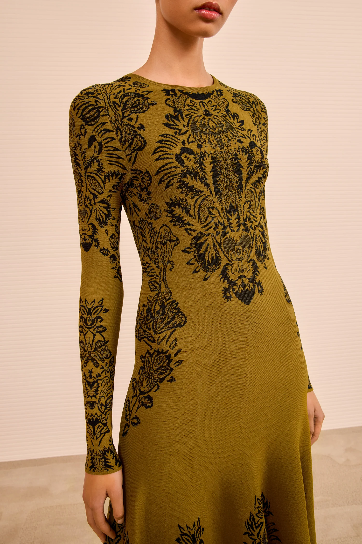 Callista Long Sleeve Jacquard Dress - Olive - Image 2
