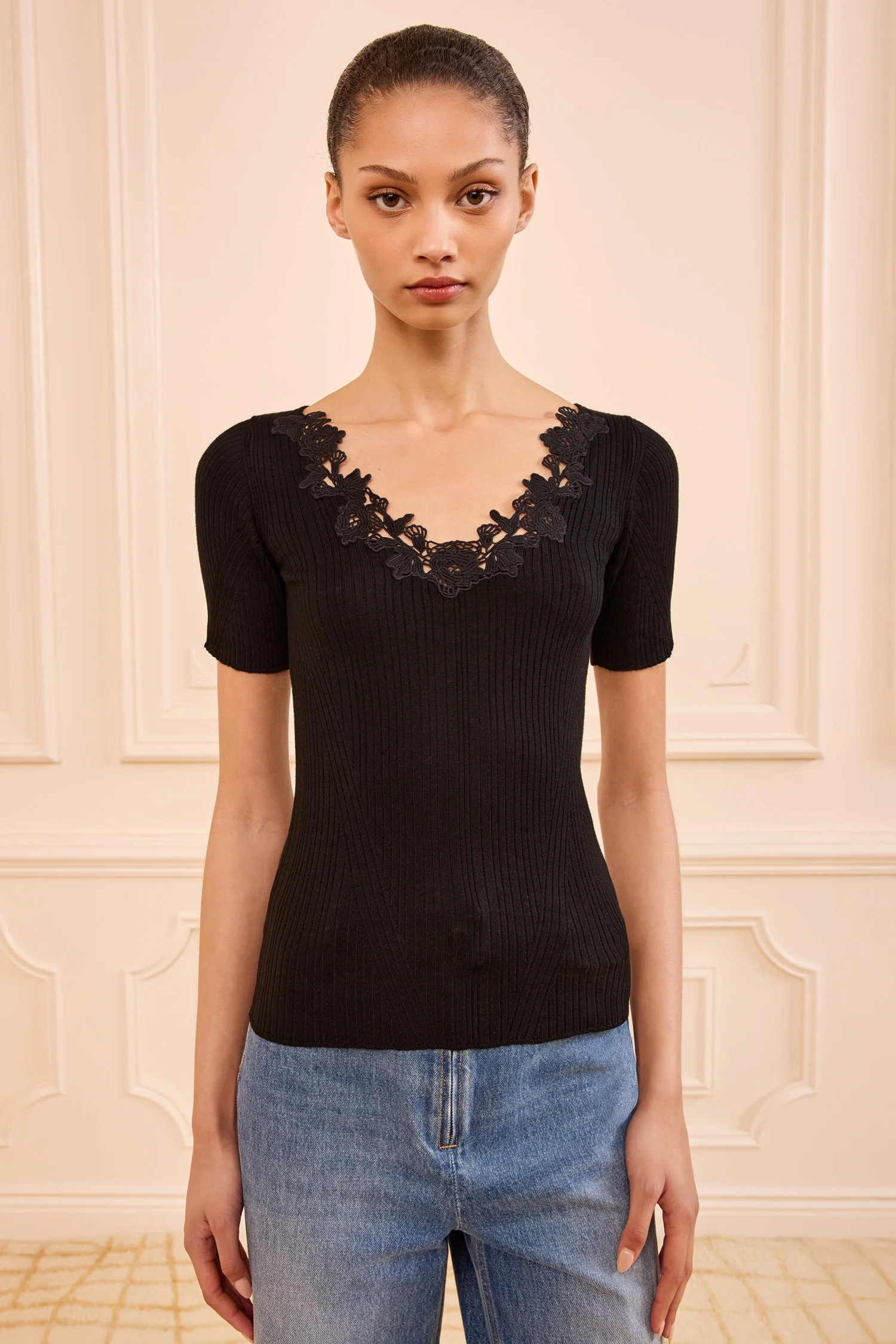 Celeste Knit Top with Lace - Noir - Image 3