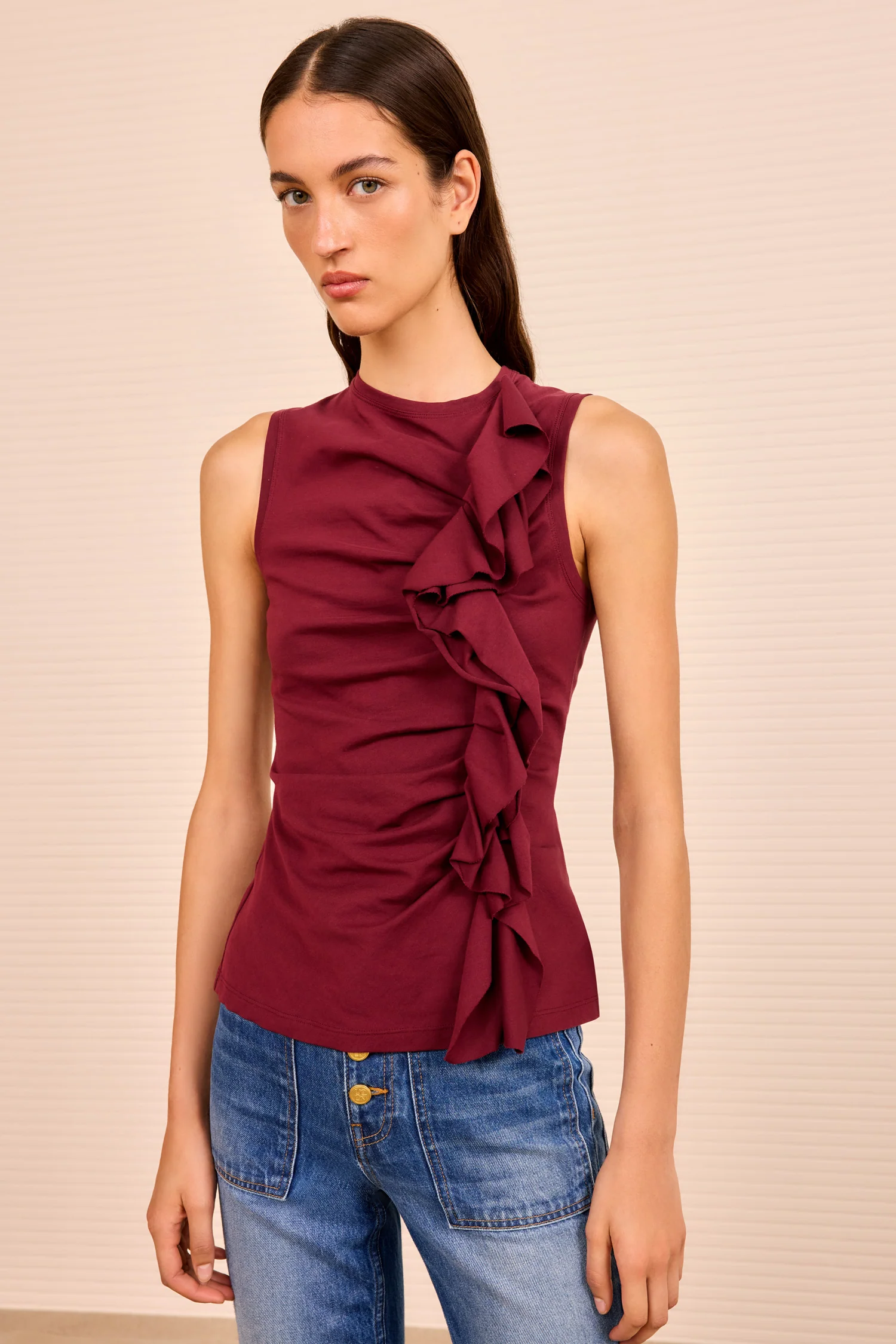 Clio Ruched Ruffle Top - Claret - Image 3