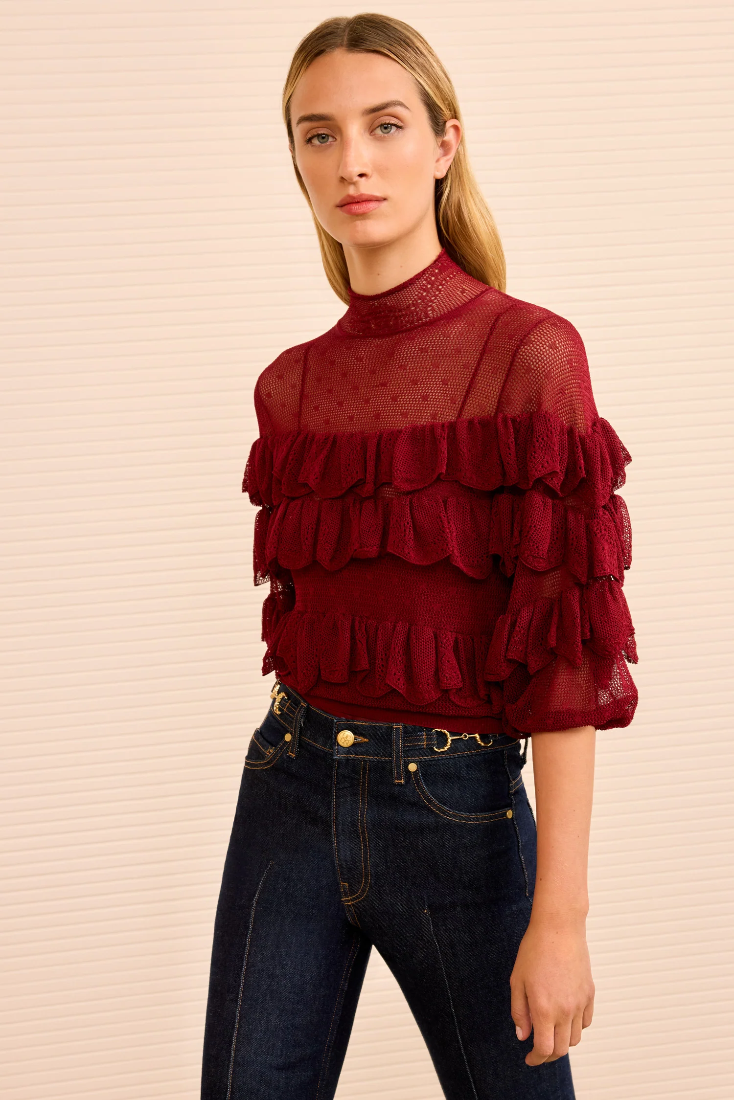 Corinna Mock Neck Tiered Ruffle Top - Claret - Image 3