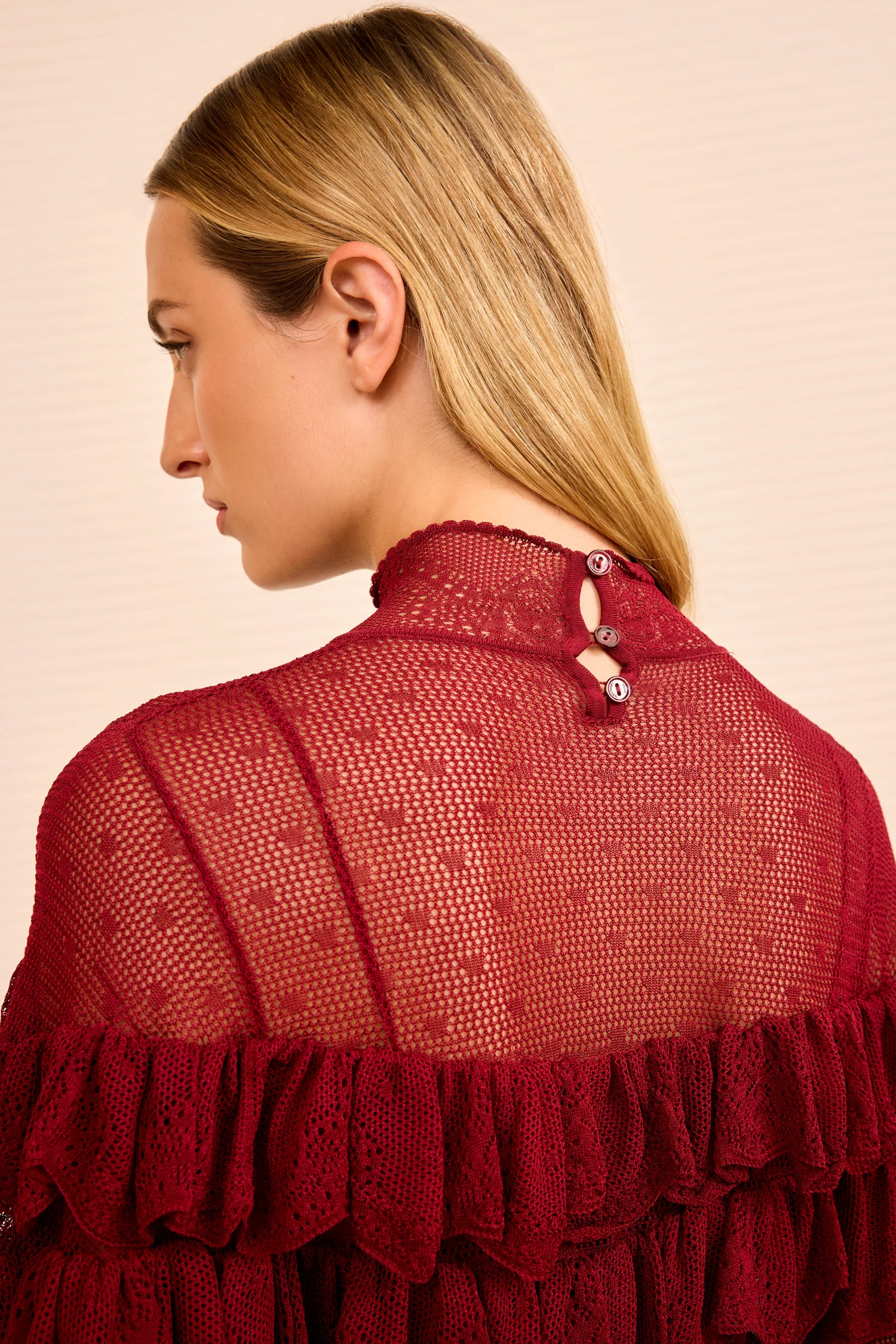 Corinna Mock Neck Tiered Ruffle Top - Claret - Image 4