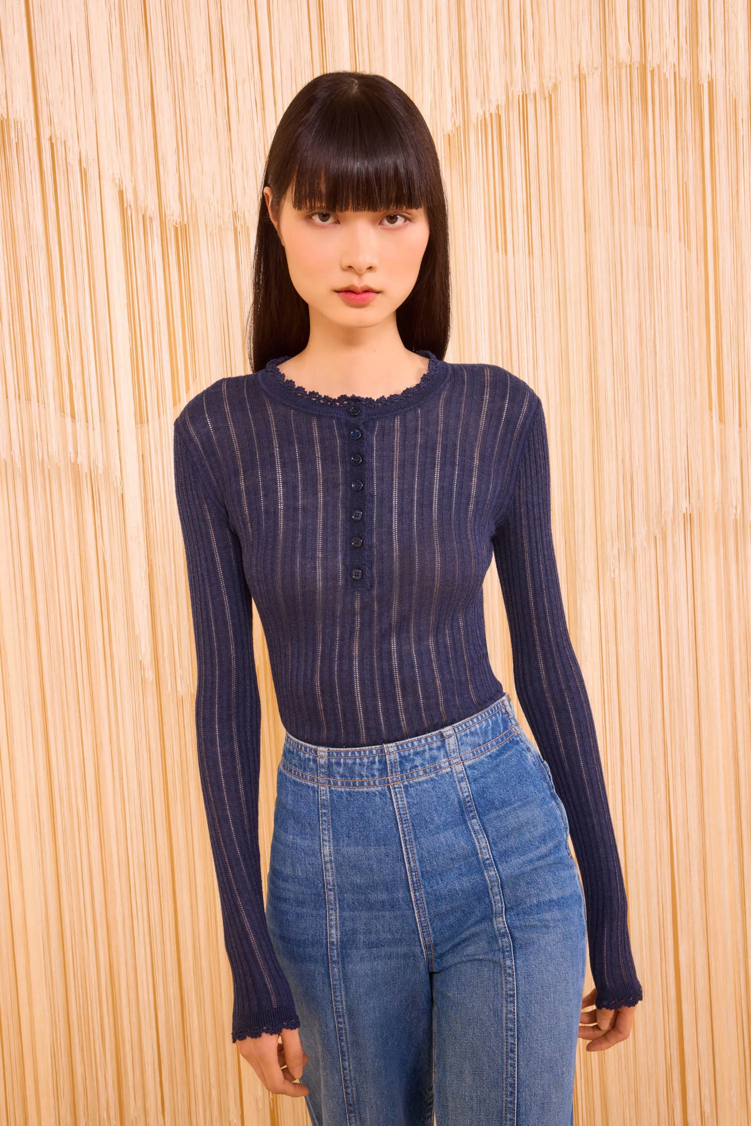 Delia Long Sleeve Henley Knit Top - Midnight - Image 3