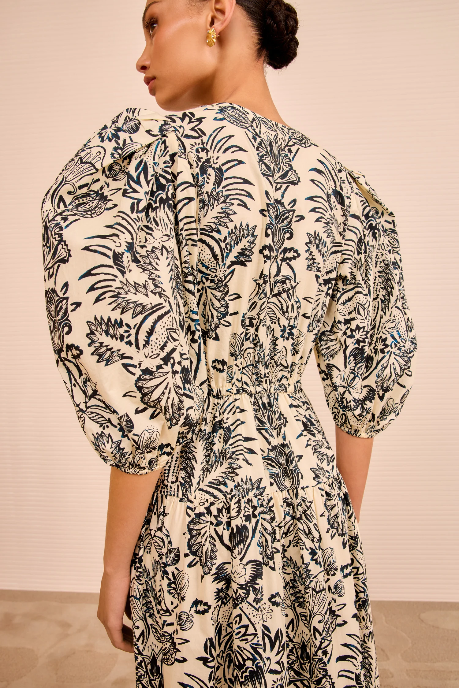 Harriet Puff Sleeve Midi Dress - Ivory Flora - Image 3