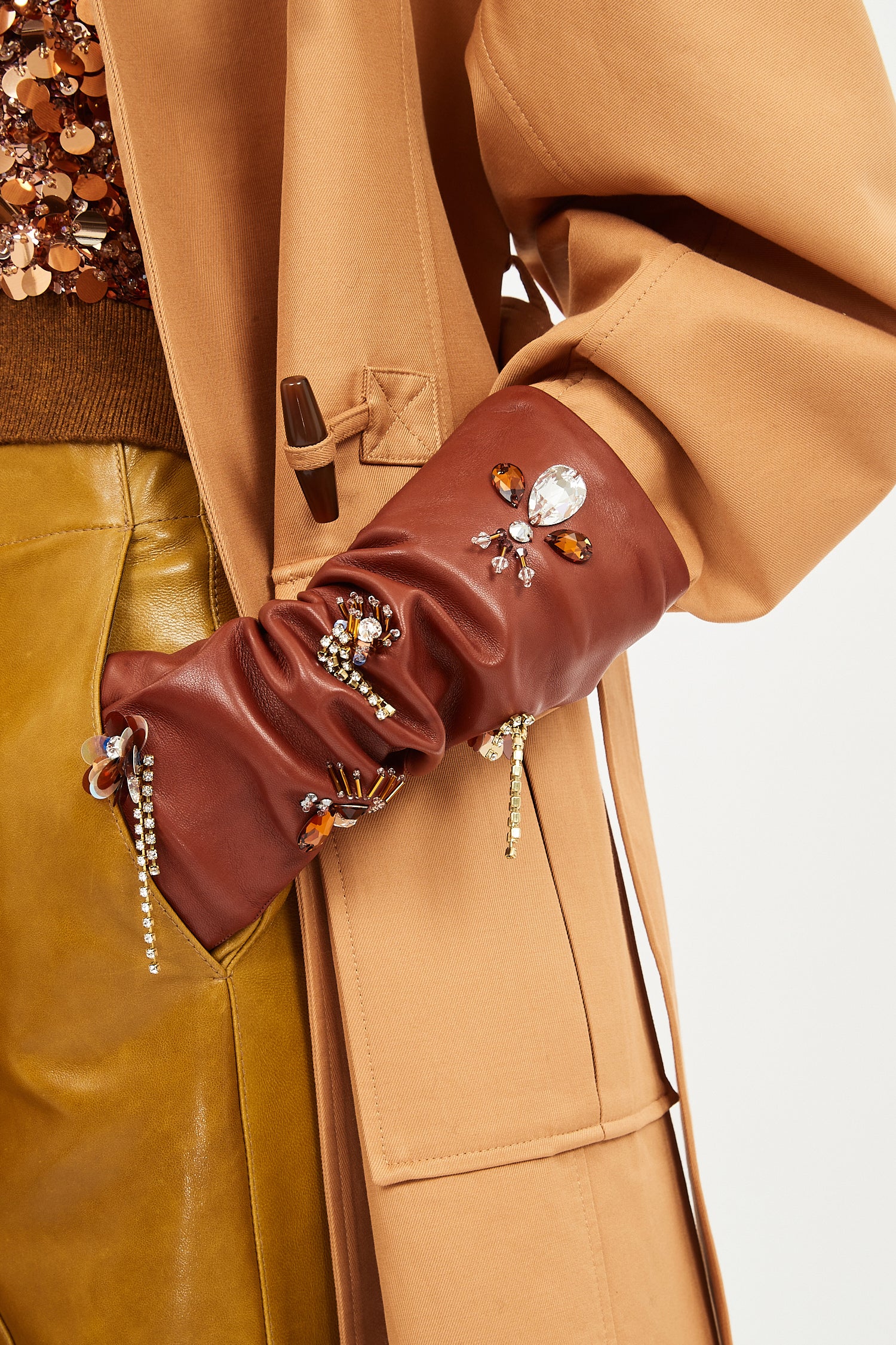 Laetitia Embellished Leather Gloves - Wenge - Image 5