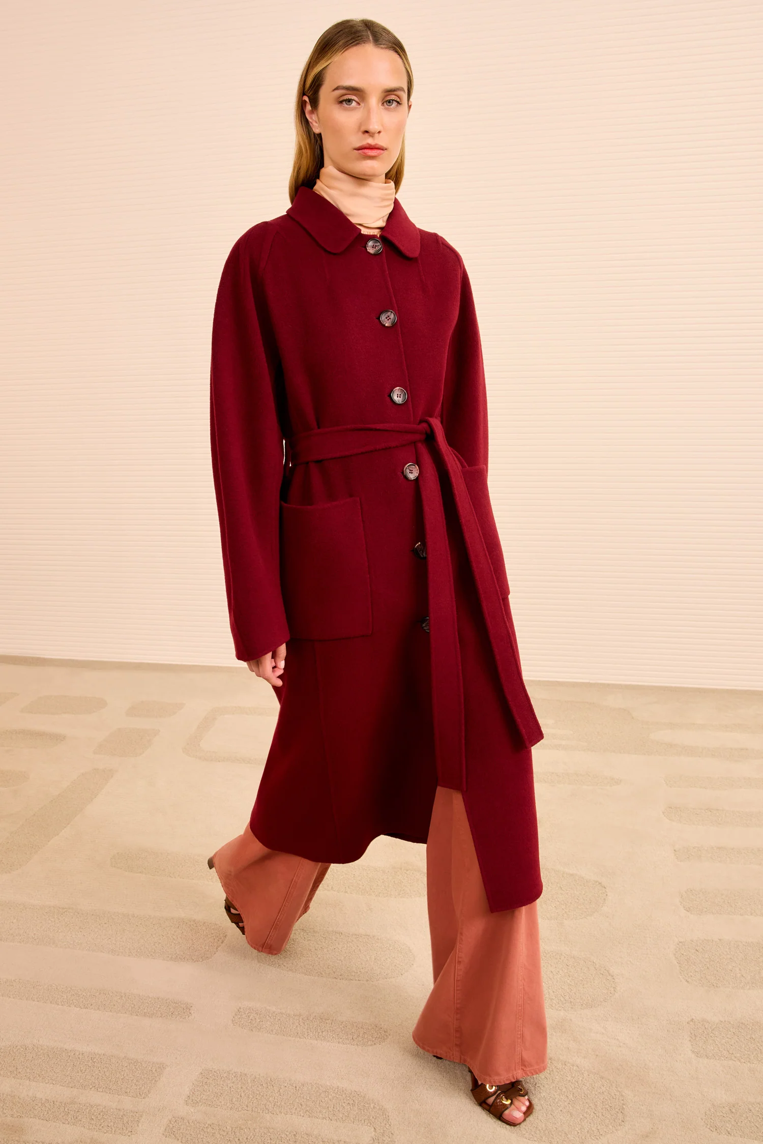 Lisbeth Long Wool Coat With Belt - Claret - Image 3