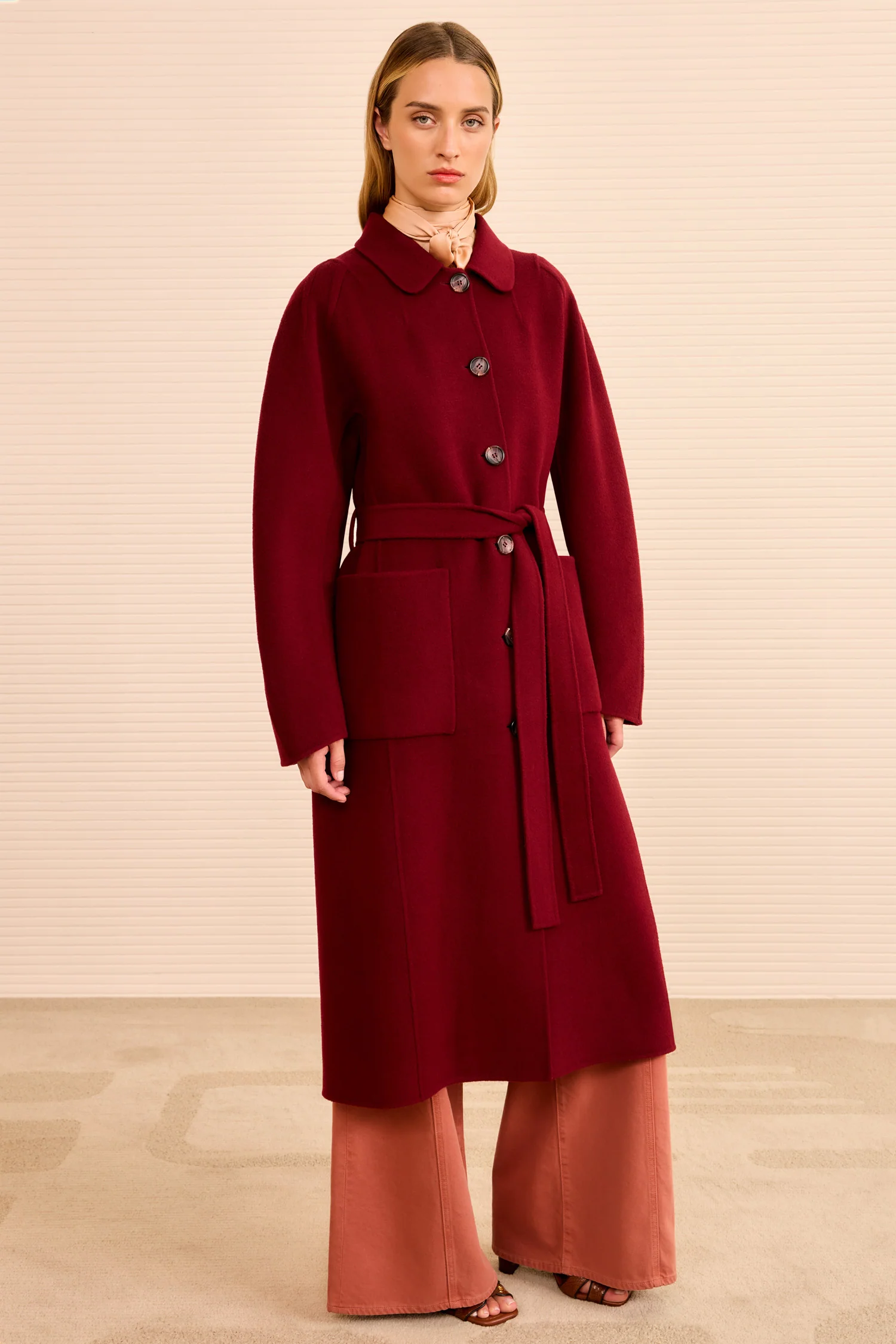 Lisbeth Long Wool Coat With Belt - Claret - Image 4