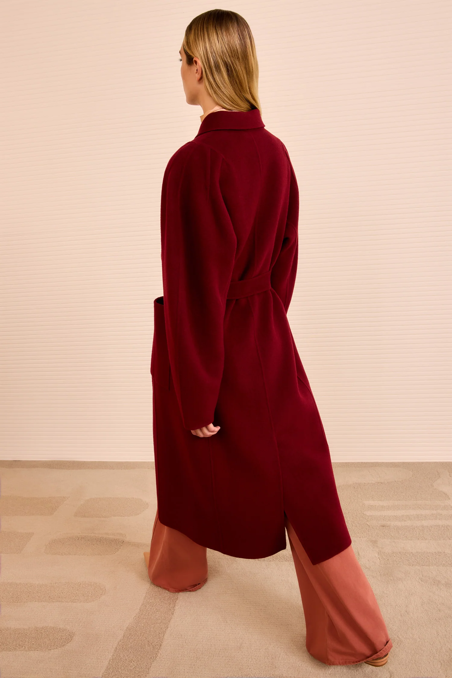 Lisbeth Long Wool Coat With Belt - Claret - Image 5