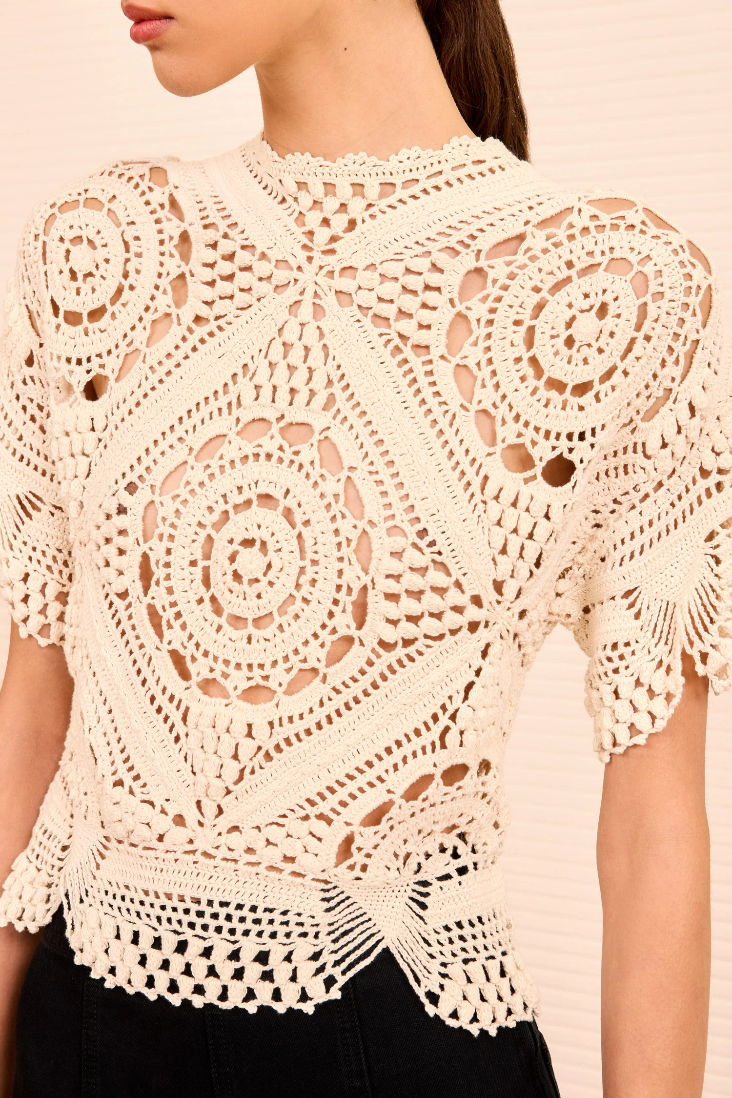 Maddalena Short Sleeve Hand Crochet Top - Cowrie - Image 2