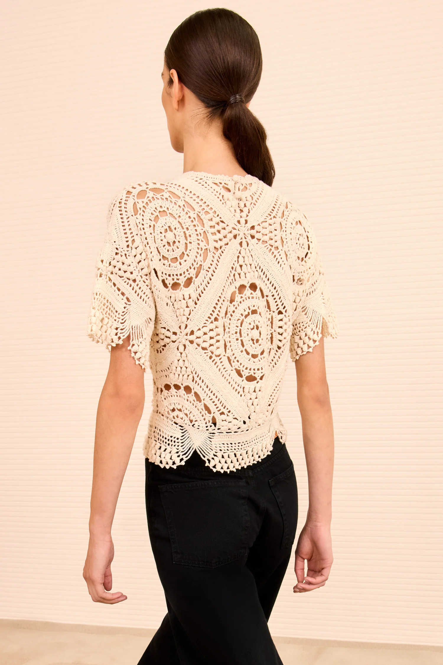Maddalena Short Sleeve Hand Crochet Top - Cowrie - Image 4