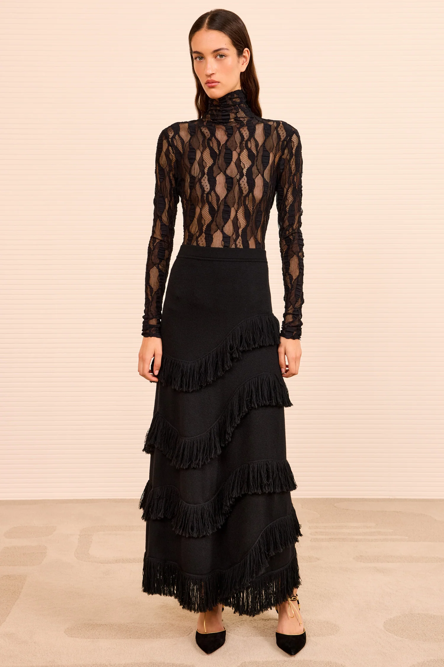 Mirena Long Knit Fringe Skirt - Noir - Image 4