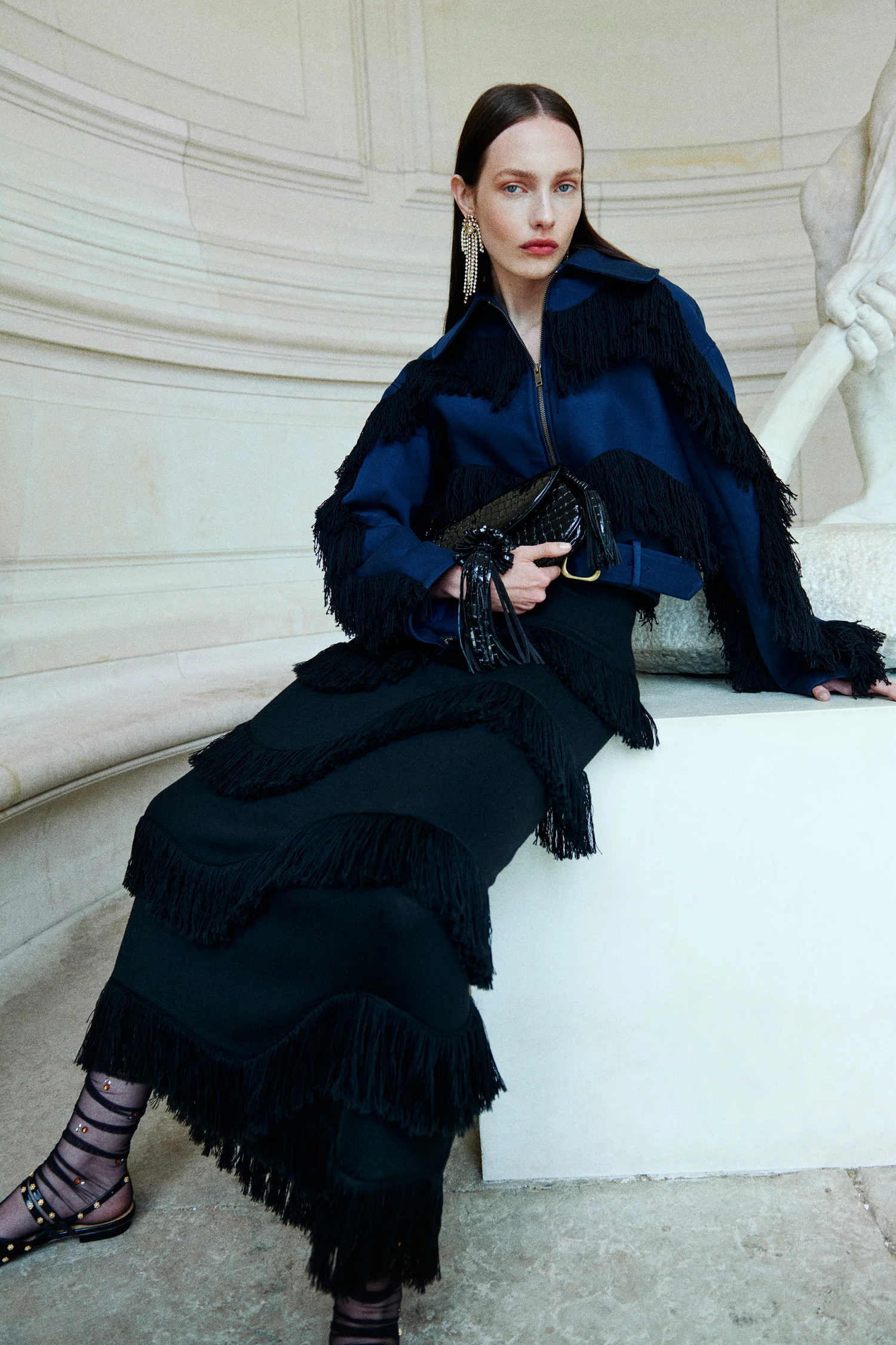 Mirena Long Knit Fringe Skirt - Noir - Image 7