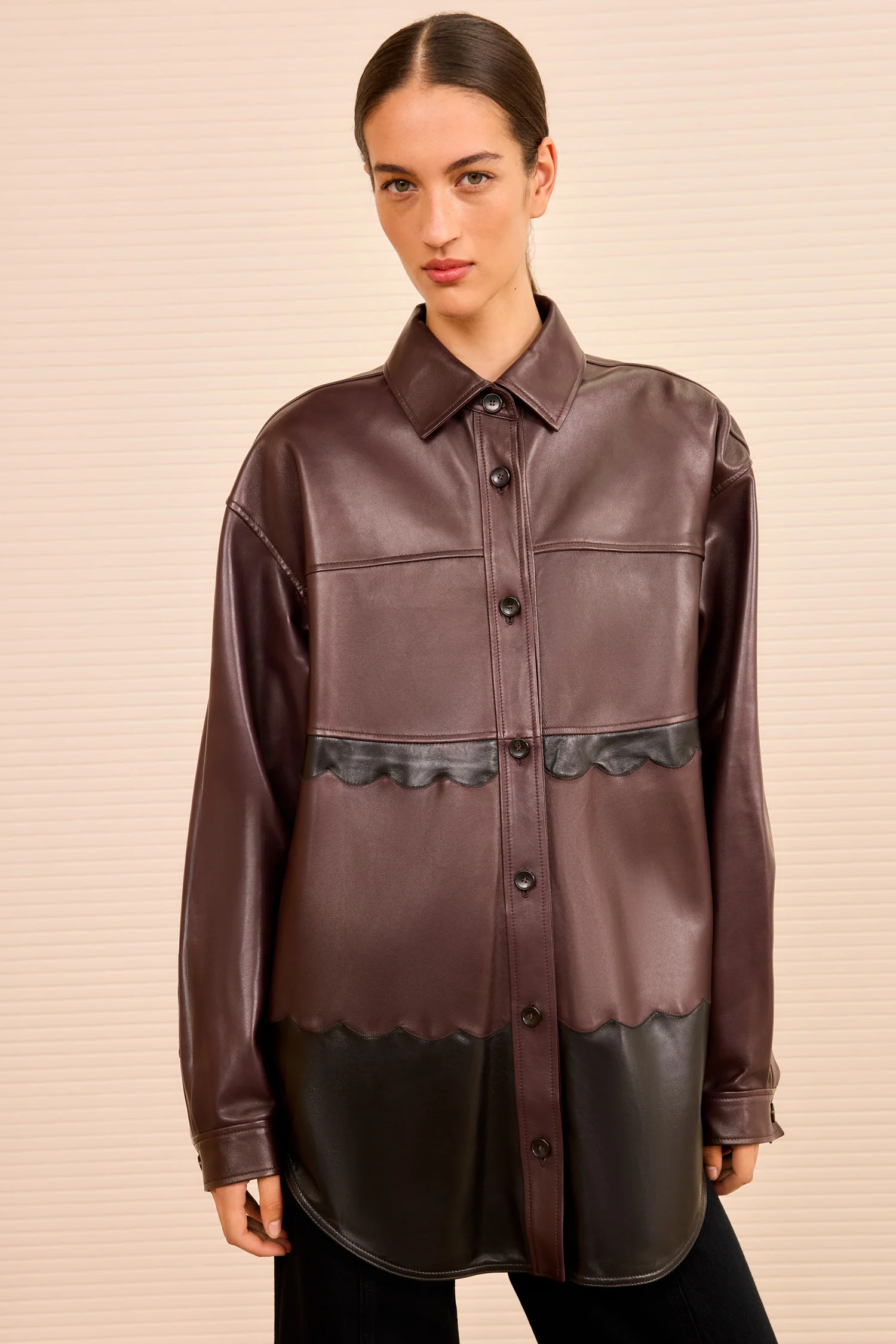 Neveah Cropped Leather Jacket - Mahogany Colorblock - Image 3