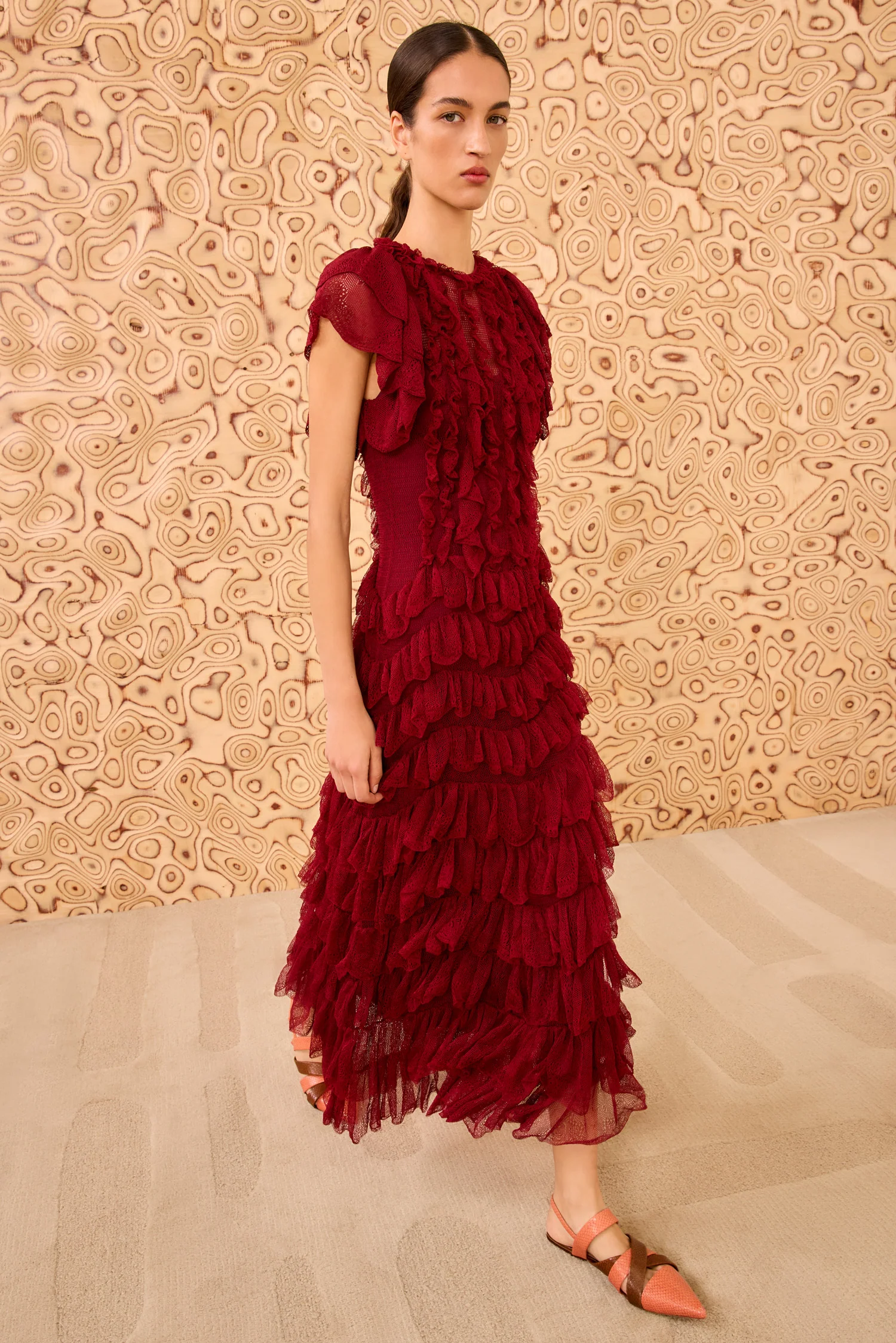 Ondine Ruffle Midi Dress - Claret
