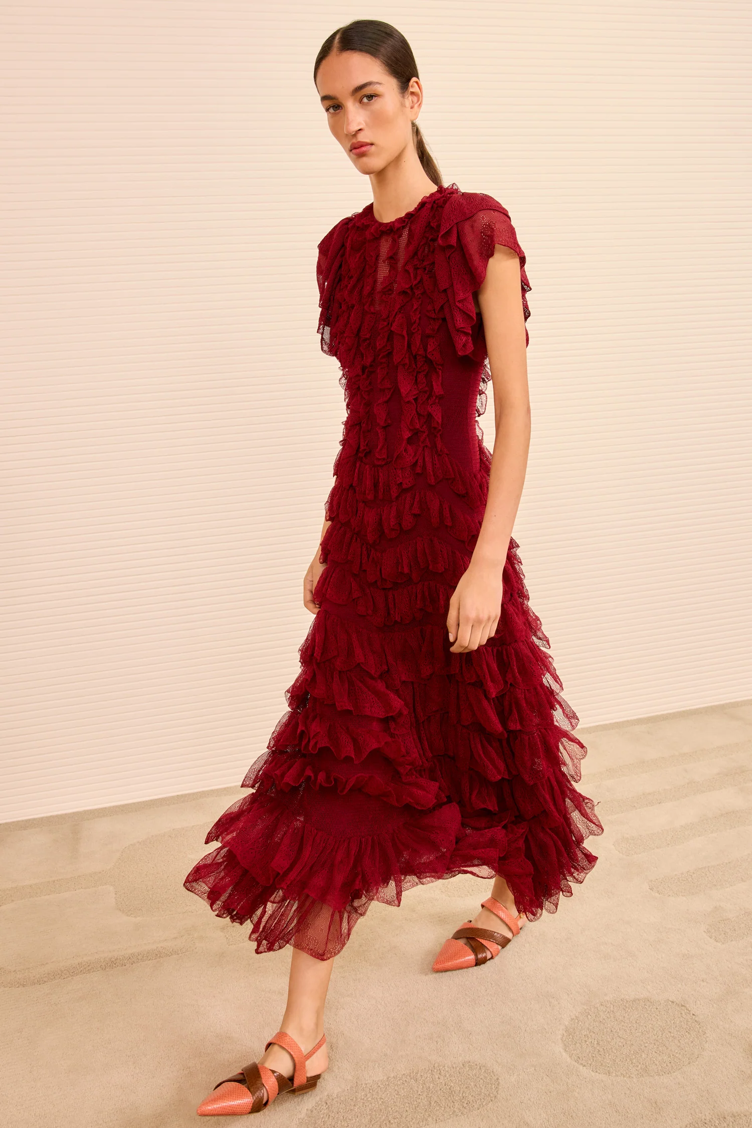 Ondine Ruffle Midi Dress - Claret - Image 3