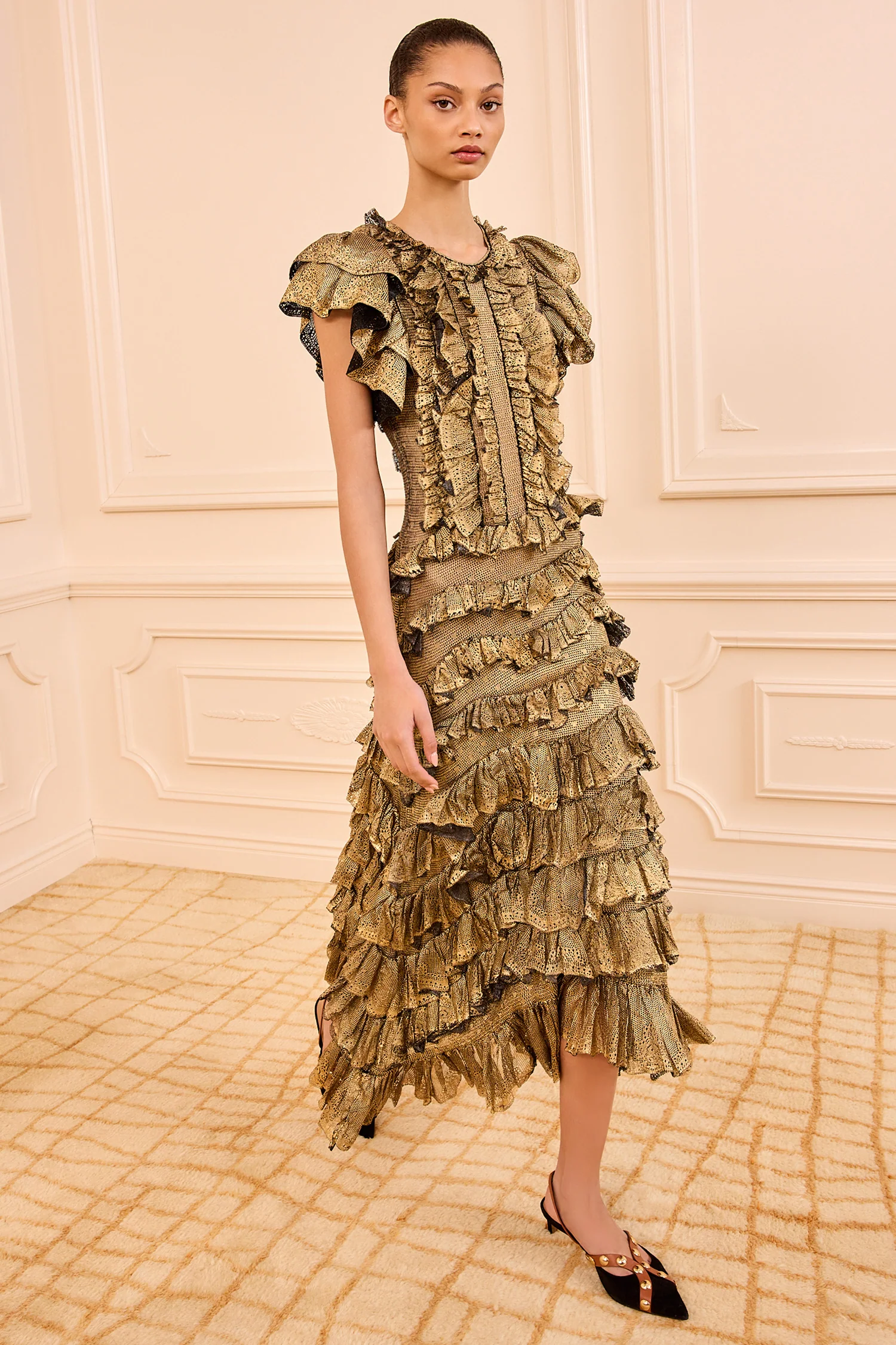 Ondine Ruffle Midi Dress - Gold Foil - Image 3