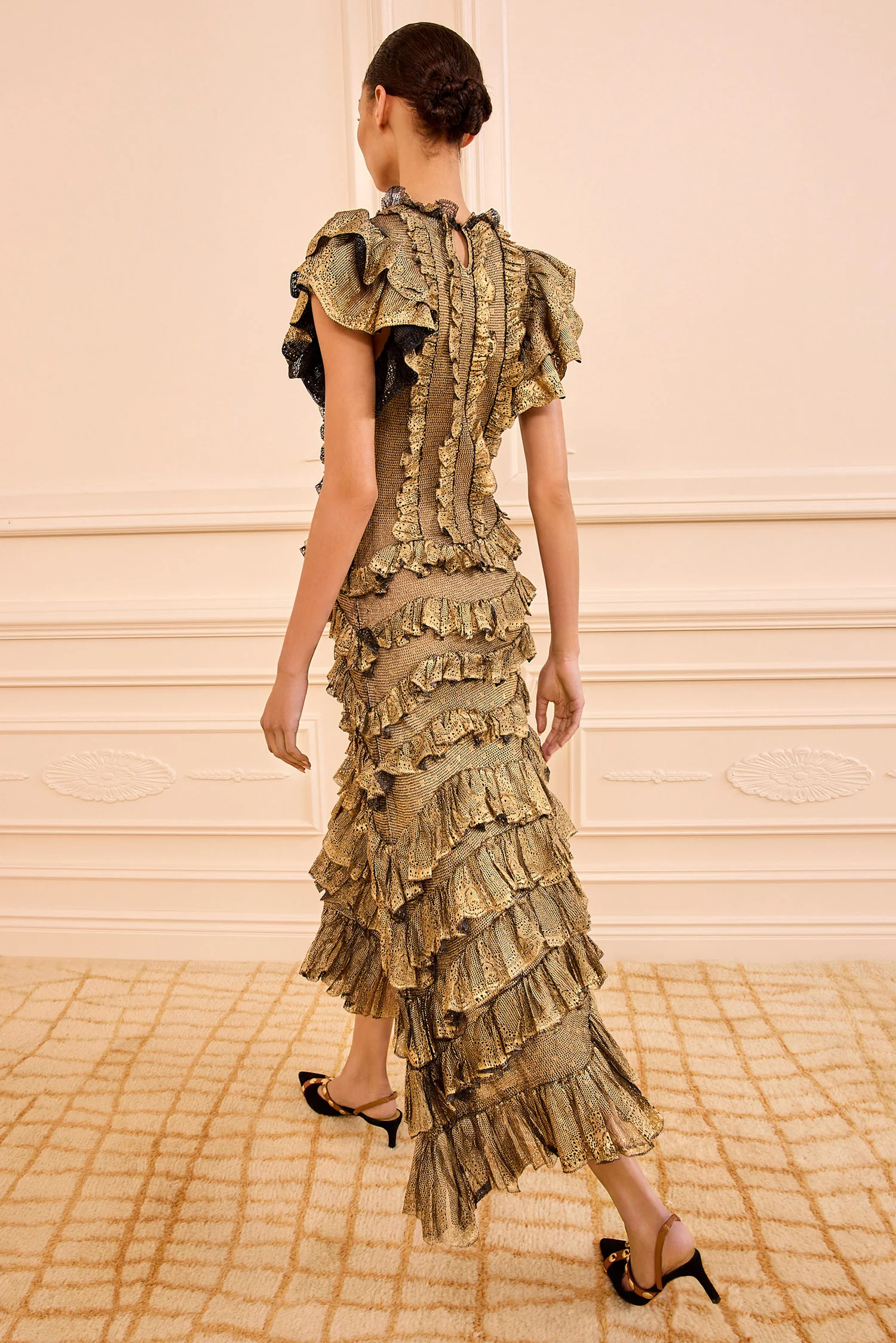 Ondine Ruffle Midi Dress - Gold Foil - Image 5