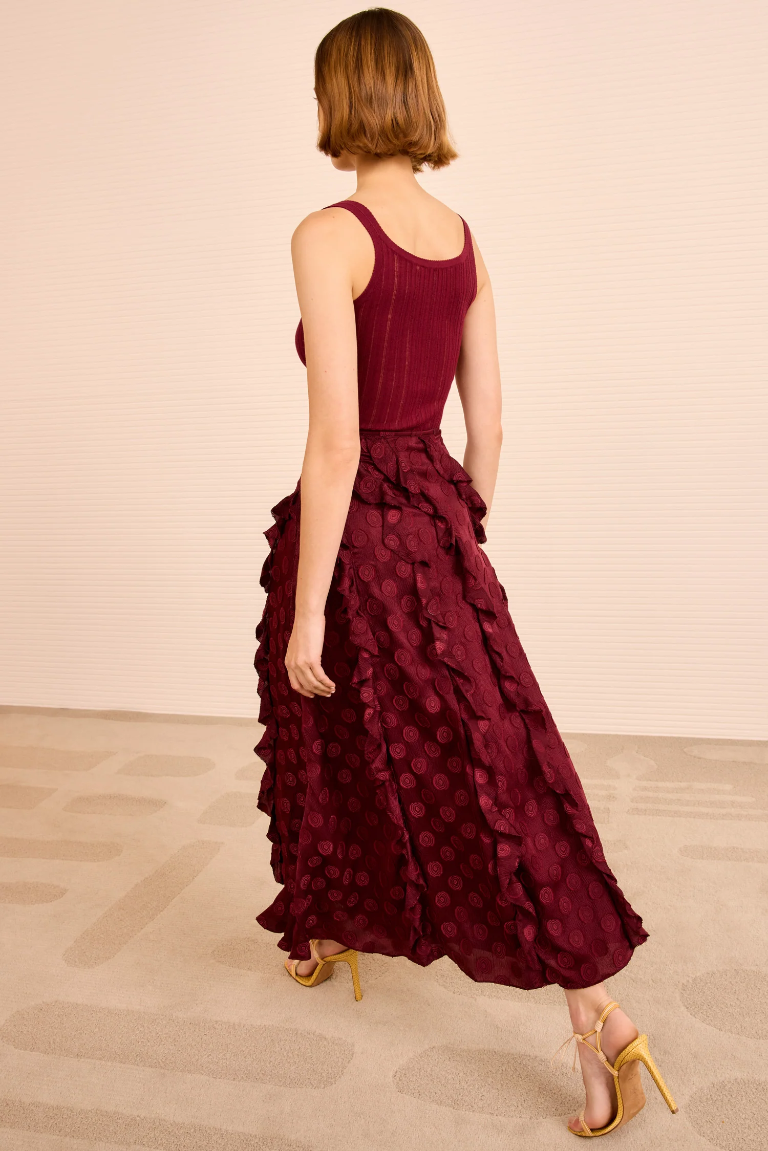 Poppy Cascading Ruffle Midi Skirt - Claret - Image 5