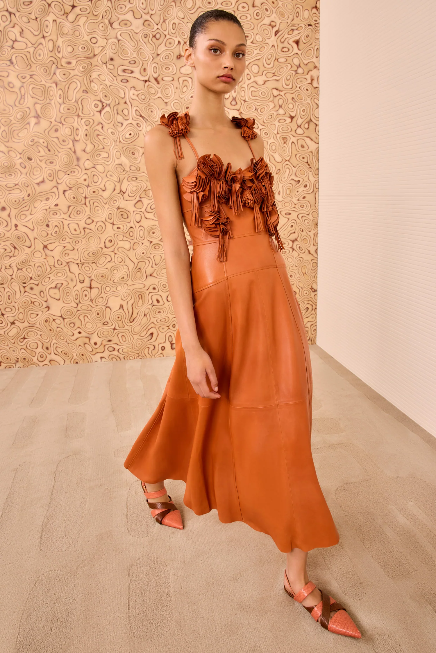 Sabrina Floral Applique Leather Dress - Sienna