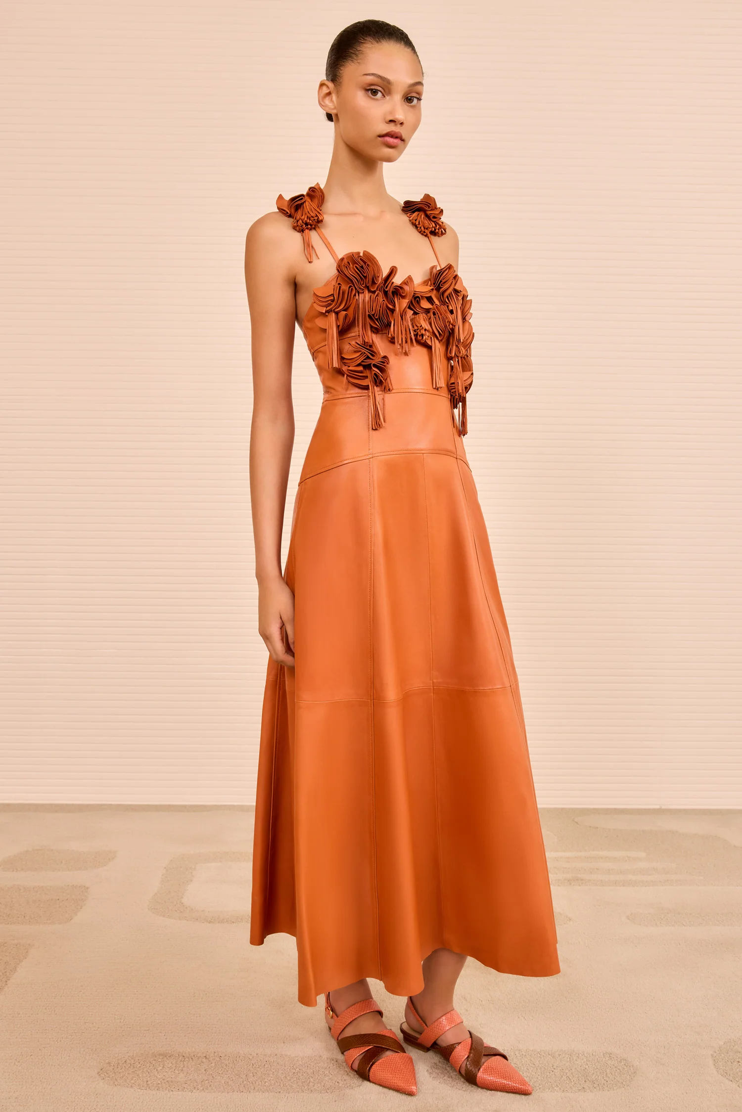 Sabrina Floral Applique Leather Dress - Sienna - Image 3