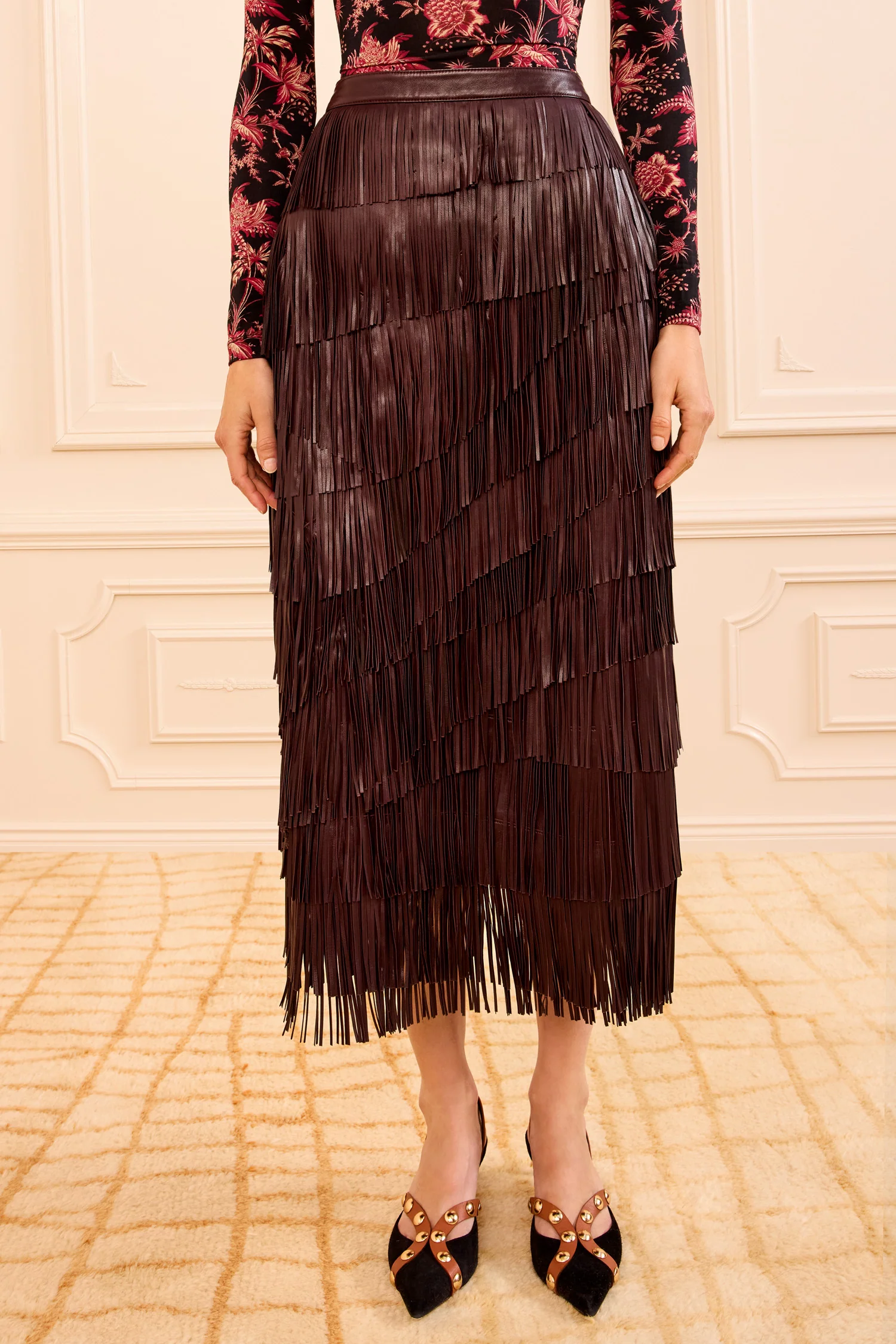 Therese Fringe Leather Skirt - Mahogany - Image 2